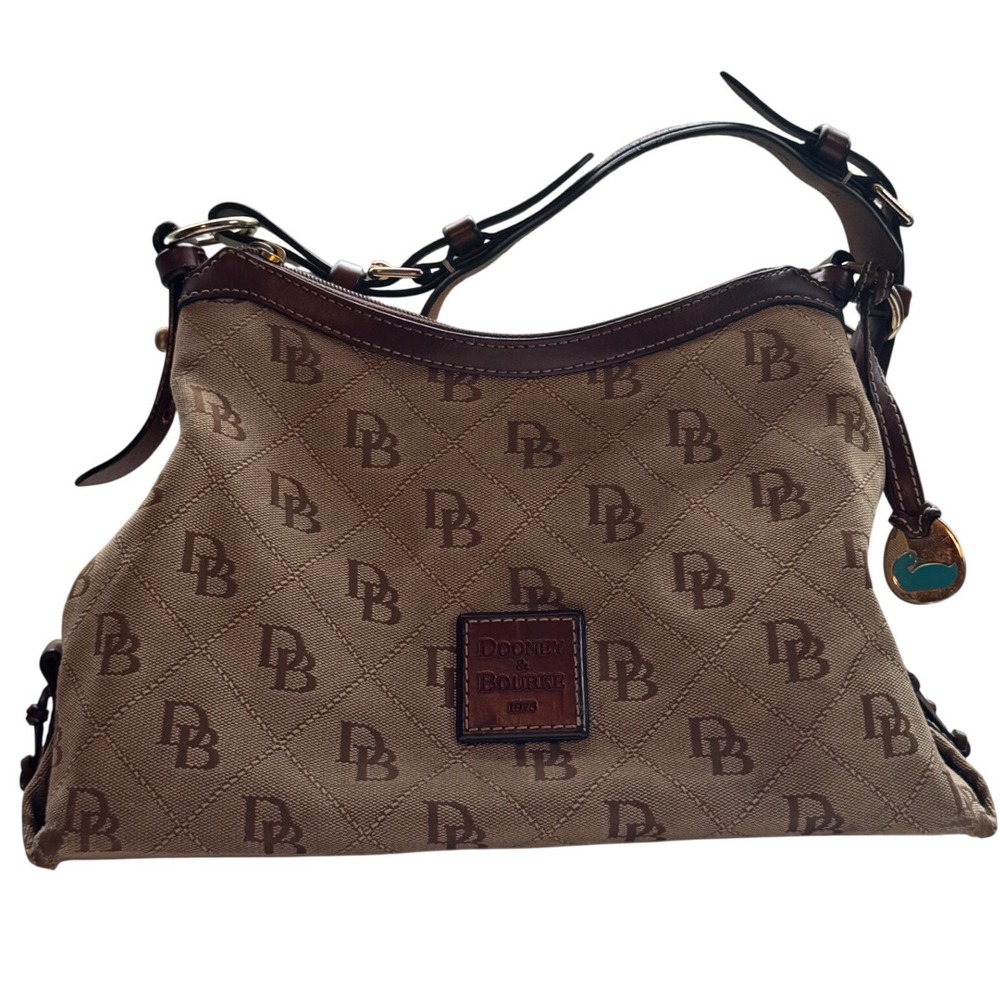 Dooney & Bourke Tan Brown Monogram Tote Bag Blue Duck Charm Bag Leather Trim - Picture 3 of 11